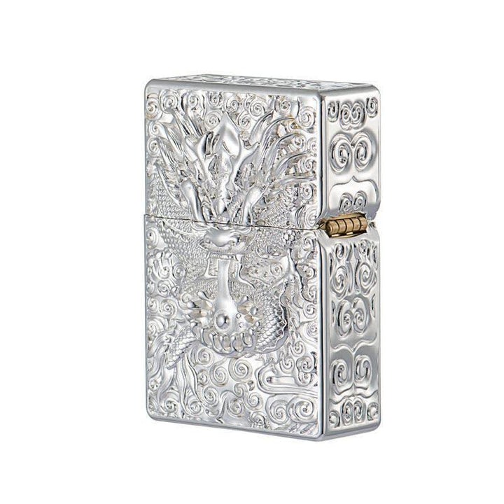Classical Carving Dragon Refillable Kerosene Lighter - Silver - image 8