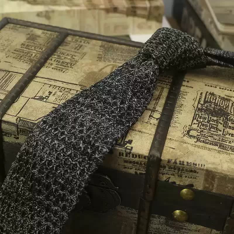 Men's Variegated Dark Color Knitted Necktie - Black - image 14