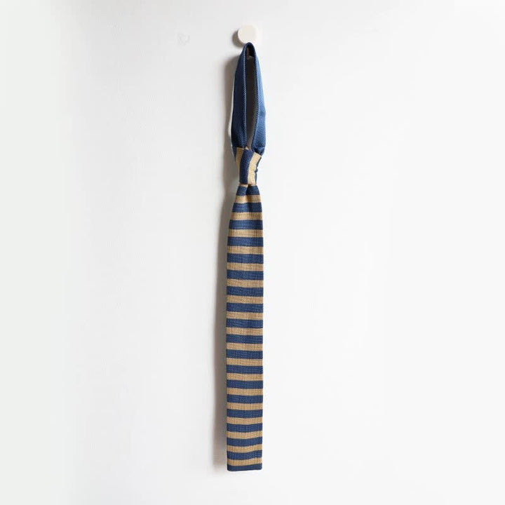 Men's Blue & Khaki Striped Knitted Necktie - image 5