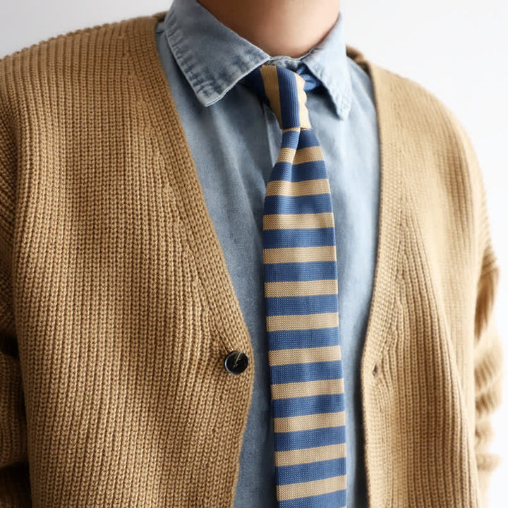 Men's Blue & Khaki Striped Knitted Necktie - Blue & Khaki - image 0