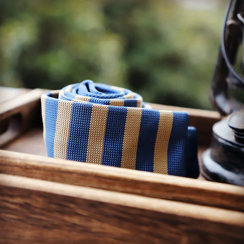 Men's Blue & Khaki Striped Knitted Necktie - image 1