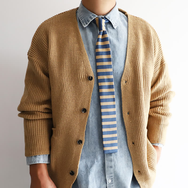 Men's Blue & Khaki Striped Knitted Necktie - image 3
