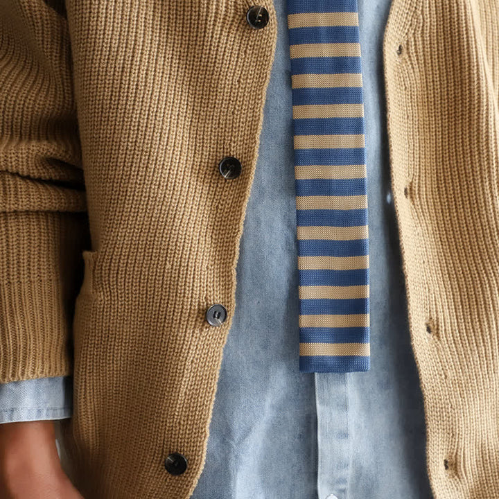 Men's Blue & Khaki Striped Knitted Necktie - image 4