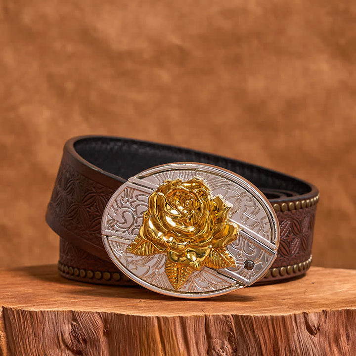 Men's DIY Gold & Silver Rose Hidden Folding Knife Leather Belt - image 5