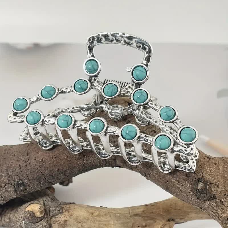 Women's Retro Blue Turquoise Ancient Hair Claw Clip - Turquoise Stone - Silver - image 0
