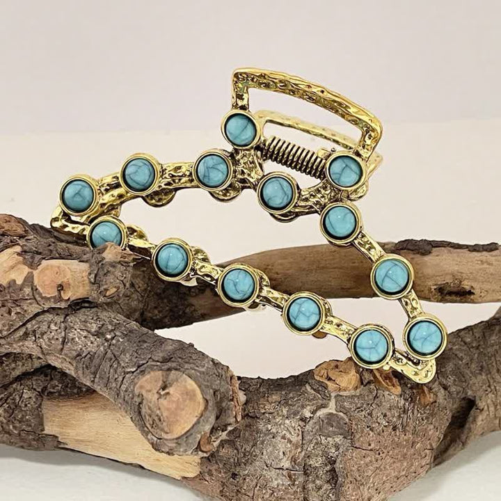 Women's Retro Blue Turquoise Ancient Hair Claw Clip - Turquoise Stone - Gold - image 5