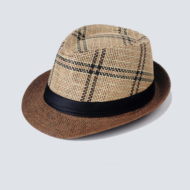 Men's Bohemia Style Plaid Pattern Straw Fedora Hat - Dark Coffee - M (22"-22 7/8") - image 1