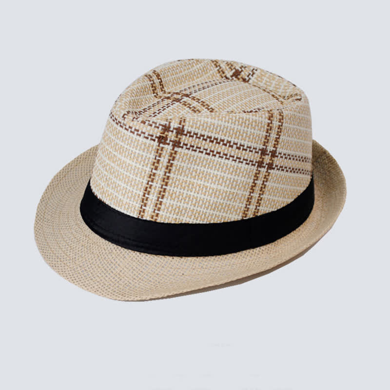 Men's Bohemia Style Plaid Pattern Straw Fedora Hat - Ivory - M (22"-22 7/8") - image 0