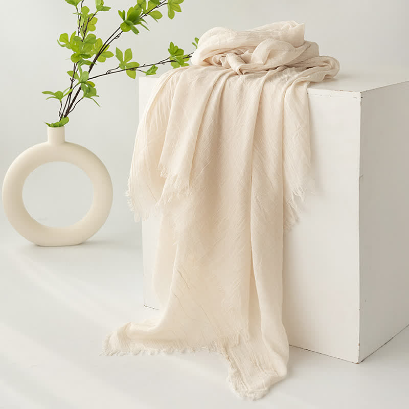 Solid Color Short Tassels Soft Thin Summer Scarf - Ivory - image 8