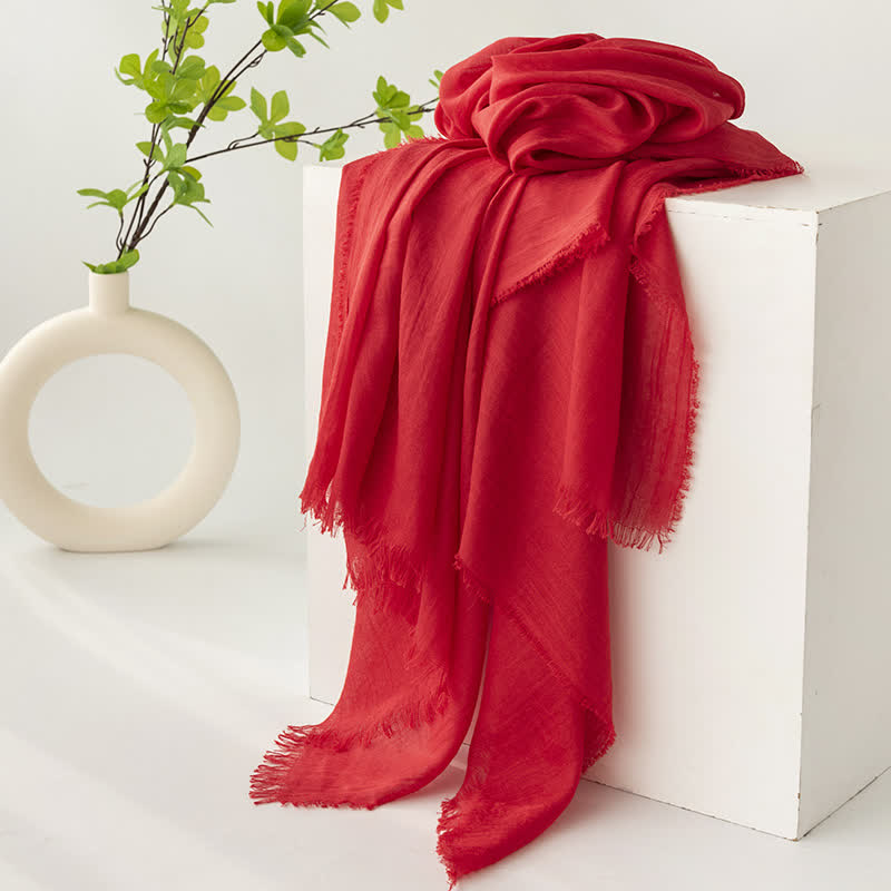 Solid Color Short Tassels Soft Thin Summer Scarf - Red - image 27