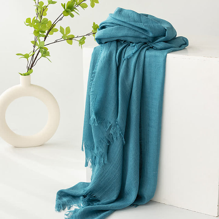Solid Color Short Tassels Soft Thin Summer Scarf - Teal - image 18