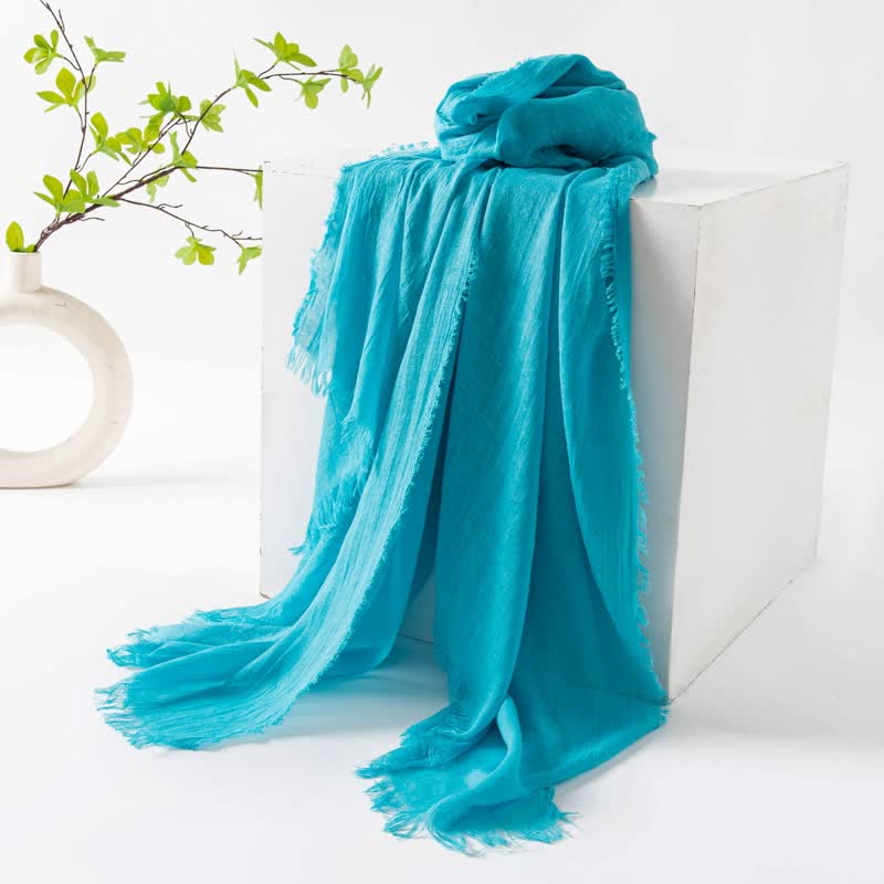 Solid Color Short Tassels Soft Thin Summer Scarf - Cyan - image 53