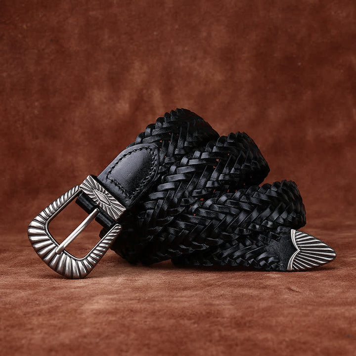 Everyday Casual Woven Cowhide Braided Leather Belt - Black - 40 - image 11