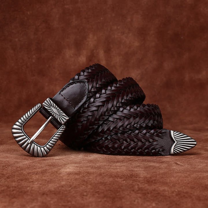 Everyday Casual Woven Cowhide Braided Leather Belt - Coffee - 40 - image 15