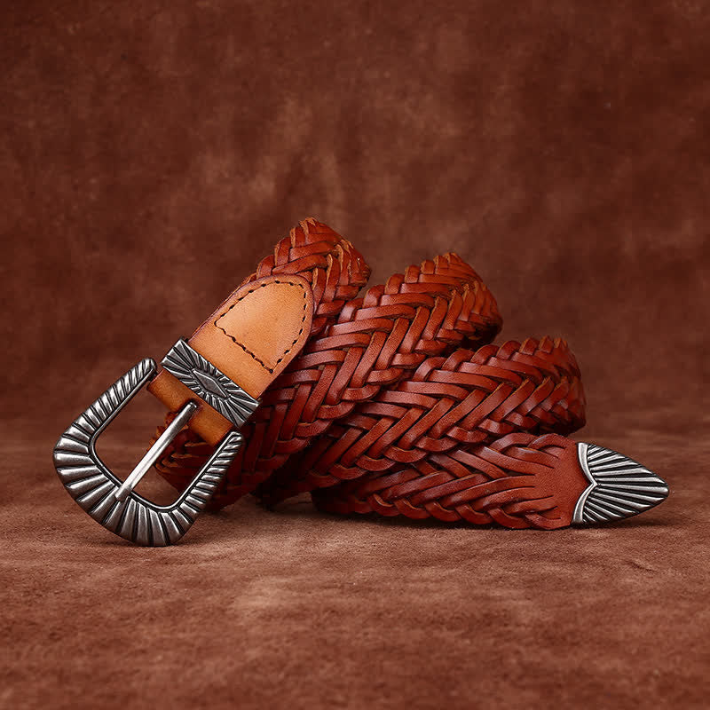 Everyday Casual Woven Cowhide Braided Leather Belt - Orange - 40 - image 2
