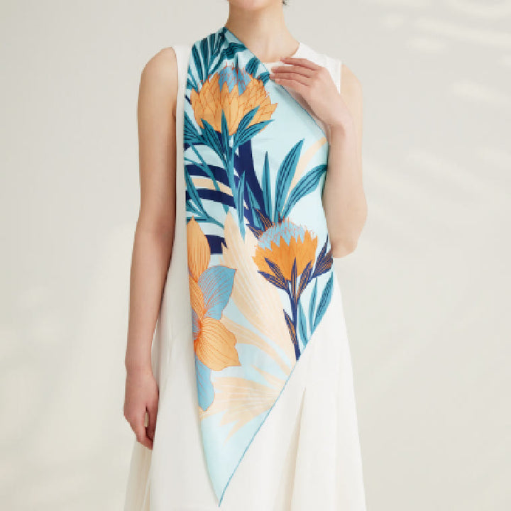 Women's Protea Floral Spring Silk Thin Scarf - Blue - image 0