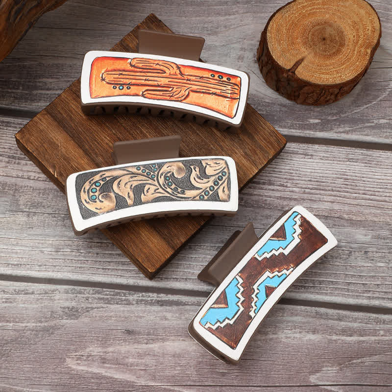 Women's Cowgirl Style Cactus Print Coffee Hair Claw Clip - image 0