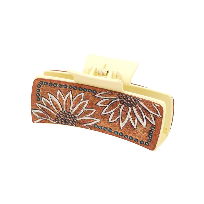 Women's Brown PU Leather Sunflower Print Hair Claw Clip - Ivory - image 2