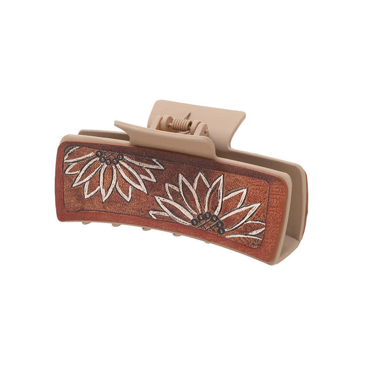 Women's Brown PU Leather Sunflower Print Hair Claw Clip - Dark Khaki - image 3