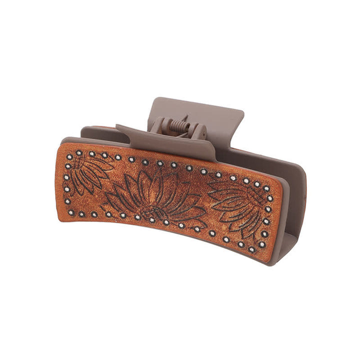 Women's Brown PU Leather Sunflower Print Hair Claw Clip - Coffee - image 1