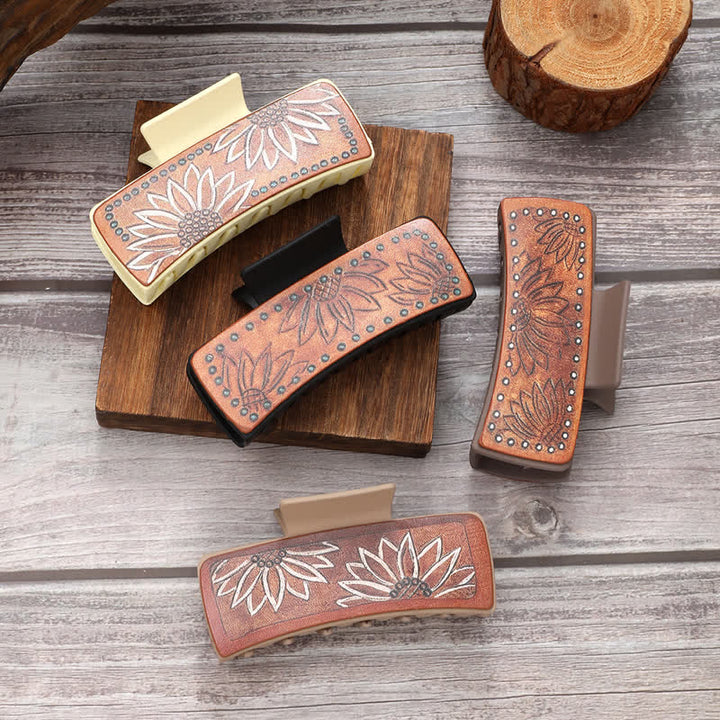Women's Brown PU Leather Sunflower Print Hair Claw Clip - image 0