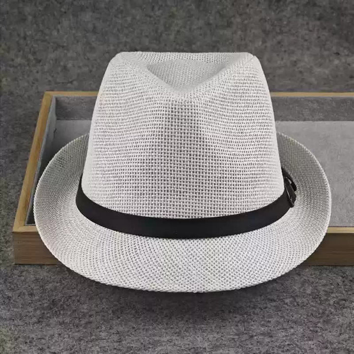 Men's British Plaid Houndstooth Pattern Summer Straw Fedora Hat - White - L (23 1/4"-22 7/8") - image 7