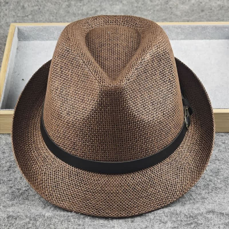Men's British Plaid Houndstooth Pattern Summer Straw Fedora Hat - Coffee - L (23 1/4"-22 7/8") - image 4