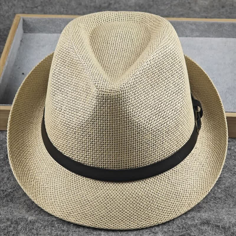 Men's British Plaid Houndstooth Pattern Summer Straw Fedora Hat - Ivory - L (23 1/4"-22 7/8") - image 10