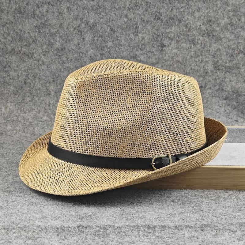Men's British Plaid Houndstooth Pattern Summer Straw Fedora Hat - image 1