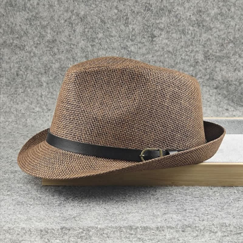 Men's British Plaid Houndstooth Pattern Summer Straw Fedora Hat - image 6