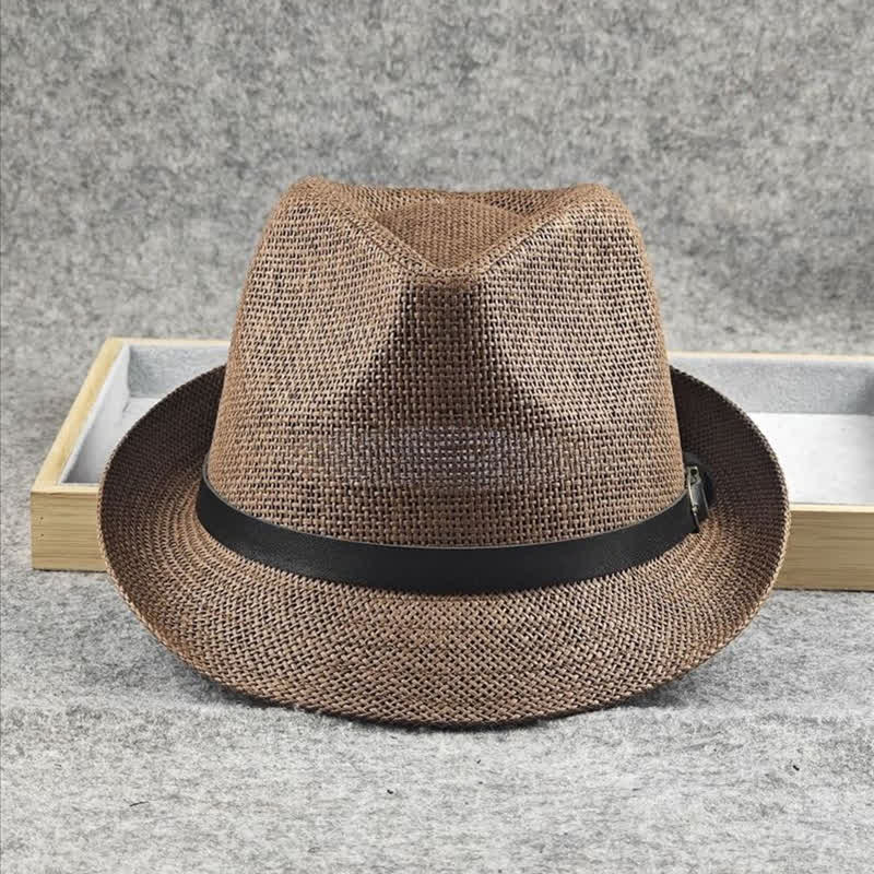 Men's British Plaid Houndstooth Pattern Summer Straw Fedora Hat - image 5