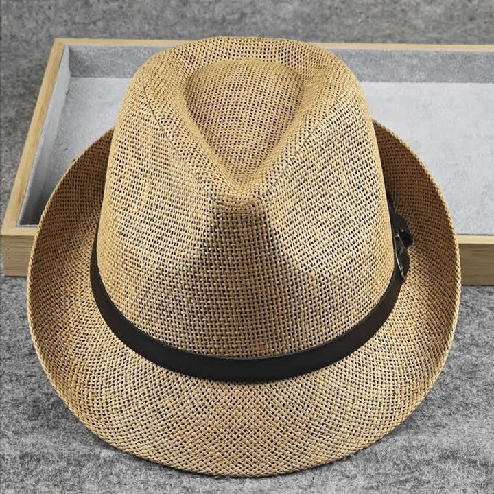 Men's British Plaid Houndstooth Pattern Summer Straw Fedora Hat - Khaki - L (23 1/4"-22 7/8") - image 0
