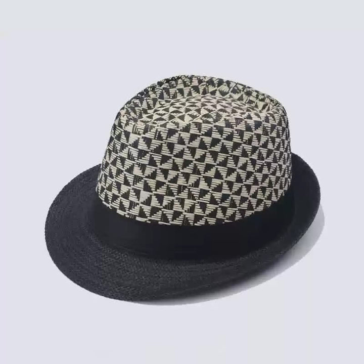Men's Classical Check Pattern Beach Straw Fedora Hat - Black - M (22"-22 7/8") - image 1