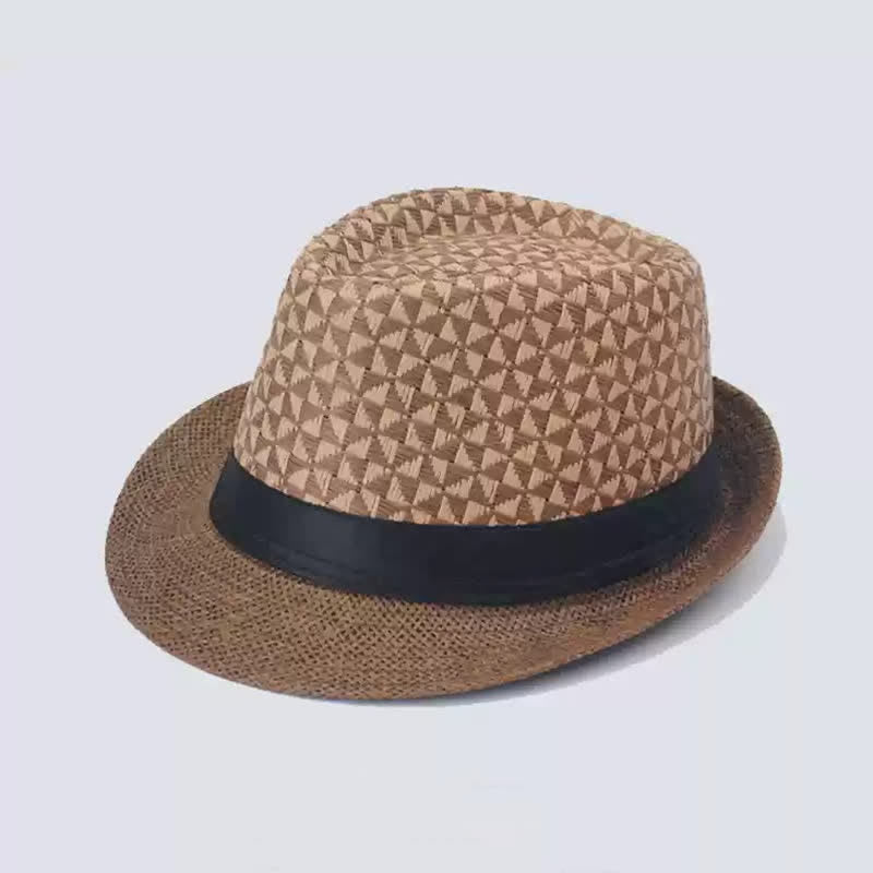 Men's Classical Check Pattern Beach Straw Fedora Hat - Dark Coffee - M (22"-22 7/8") - image 0