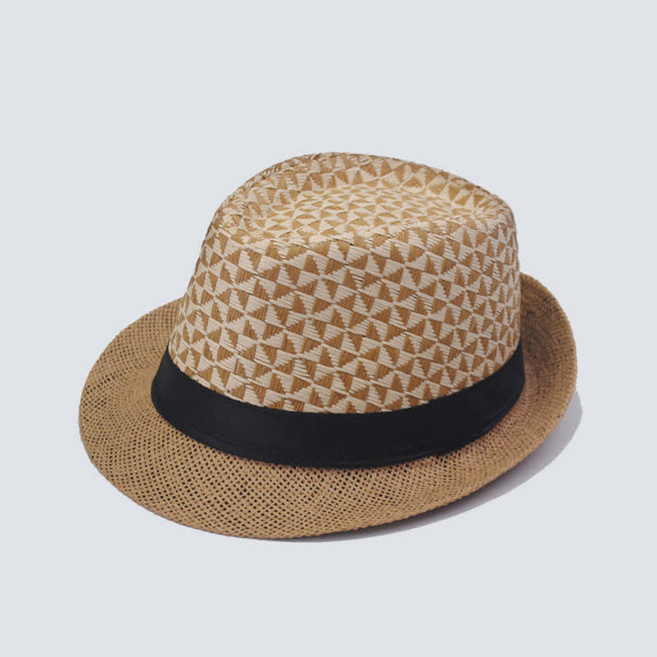 Men's Classical Check Pattern Beach Straw Fedora Hat - Light Coffee - M (22"-22 7/8") - image 2