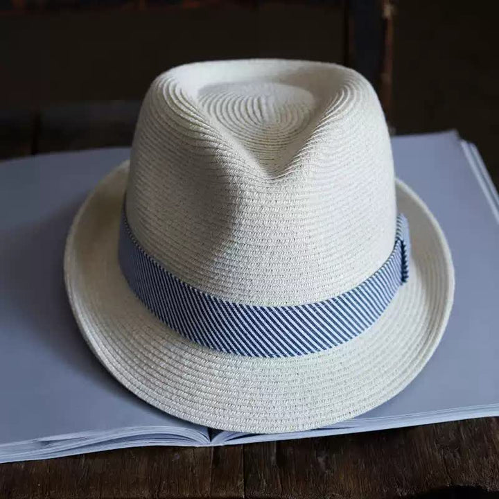 Men's Graceful Striped Ribbon Beach Straw Fedora Hat - image 2