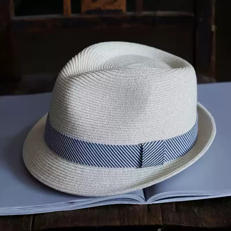 Men's Graceful Striped Ribbon Beach Straw Fedora Hat - Ivory - M (22"-22 7/8") - image 0