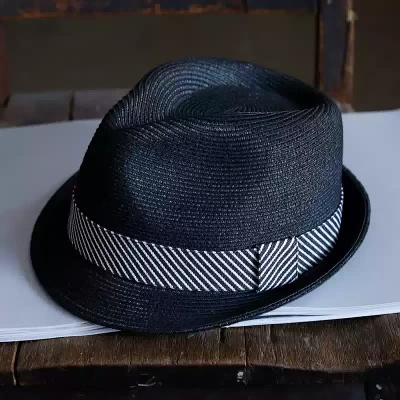 Men's Graceful Striped Ribbon Beach Straw Fedora Hat - Black - M (22"-22 7/8") - image 3