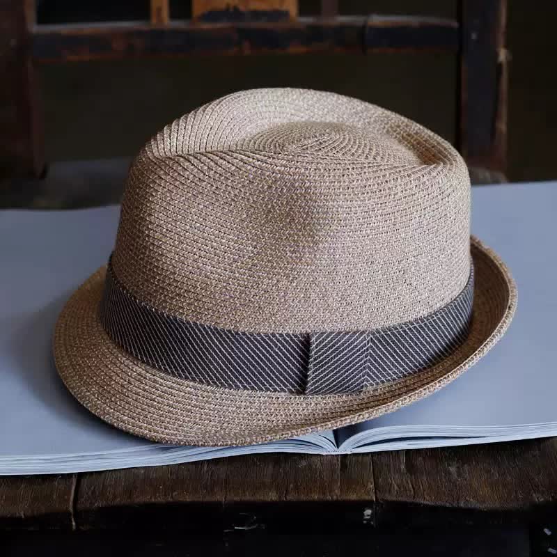 Men's Graceful Striped Ribbon Beach Straw Fedora Hat - Light Coffee - M (22"-22 7/8") - image 6