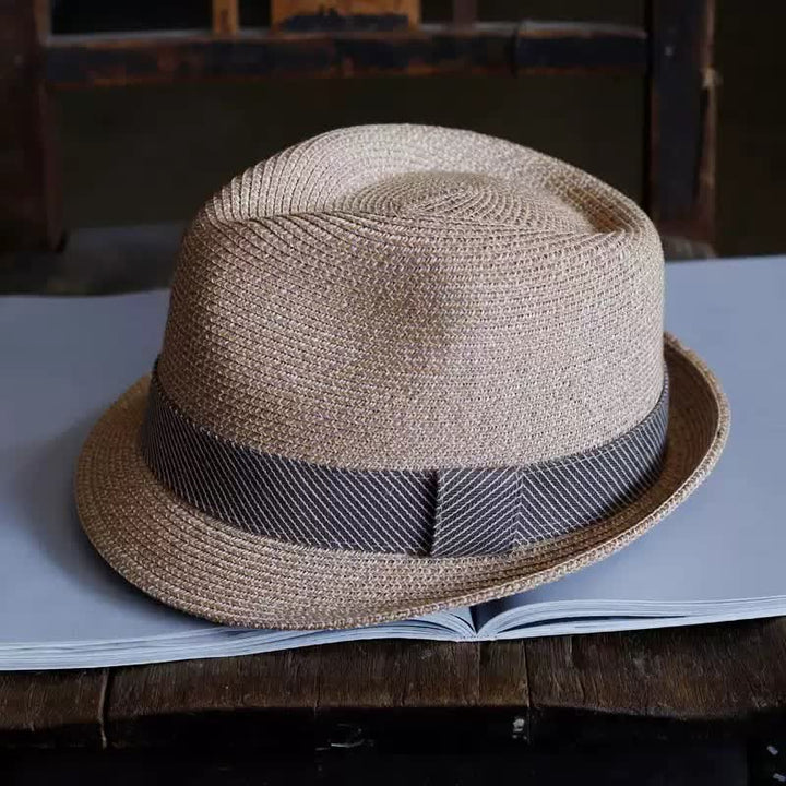 Men's Graceful Striped Ribbon Beach Straw Fedora Hat - Light Coffee - M (22"-22 7/8") - image 6