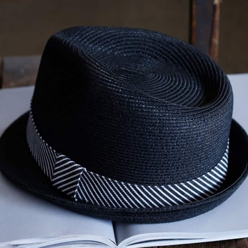 Men's Graceful Striped Ribbon Beach Straw Fedora Hat - image 5