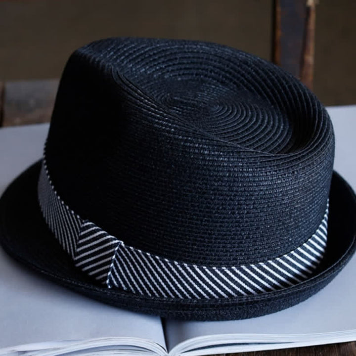 Men's Graceful Striped Ribbon Beach Straw Fedora Hat - image 5
