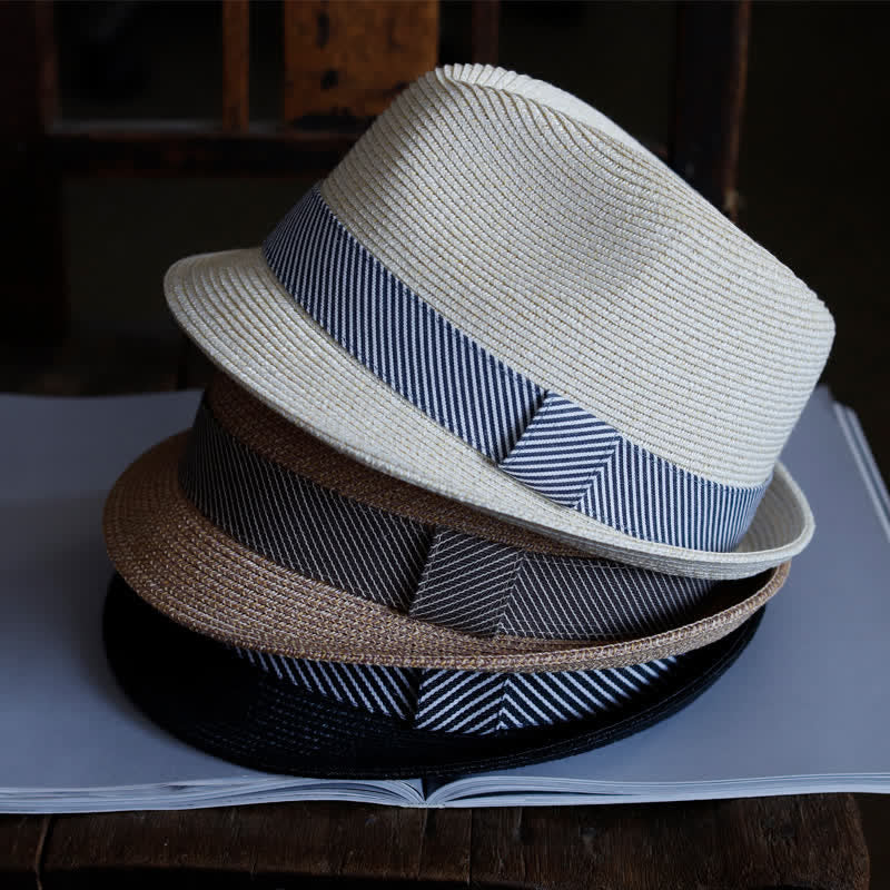 Men's Graceful Striped Ribbon Beach Straw Fedora Hat - image 1