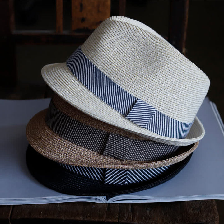 Men's Graceful Striped Ribbon Beach Straw Fedora Hat - image 1