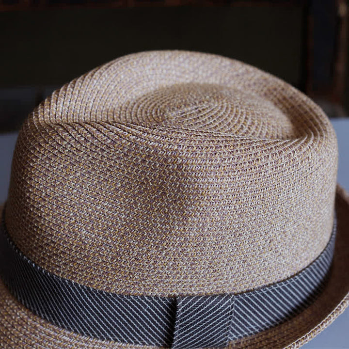 Men's Graceful Striped Ribbon Beach Straw Fedora Hat - image 7