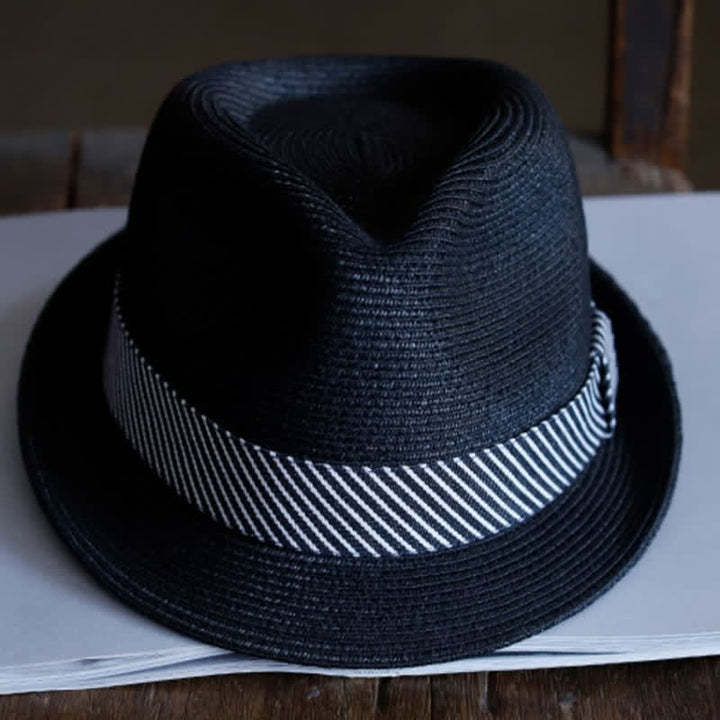 Men's Graceful Striped Ribbon Beach Straw Fedora Hat - image 4