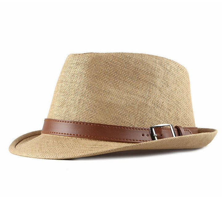 Men's Stylish Casual Leather Decor Straw Fedora Hat - Khaki - M (22"-22 7/8") - image 0