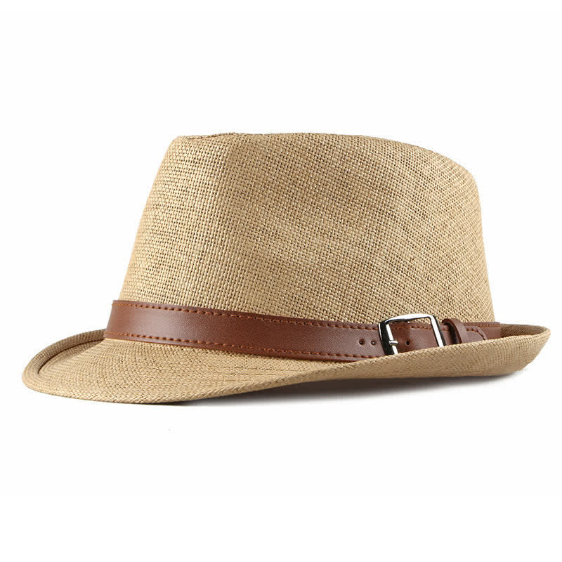 Men's Stylish Casual Leather Decor Straw Fedora Hat - Khaki - M (22"-22 7/8") - image 0