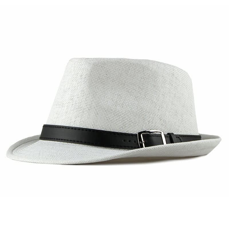 Men's Stylish Casual Leather Decor Straw Fedora Hat - White - M (22"-22 7/8") - image 11