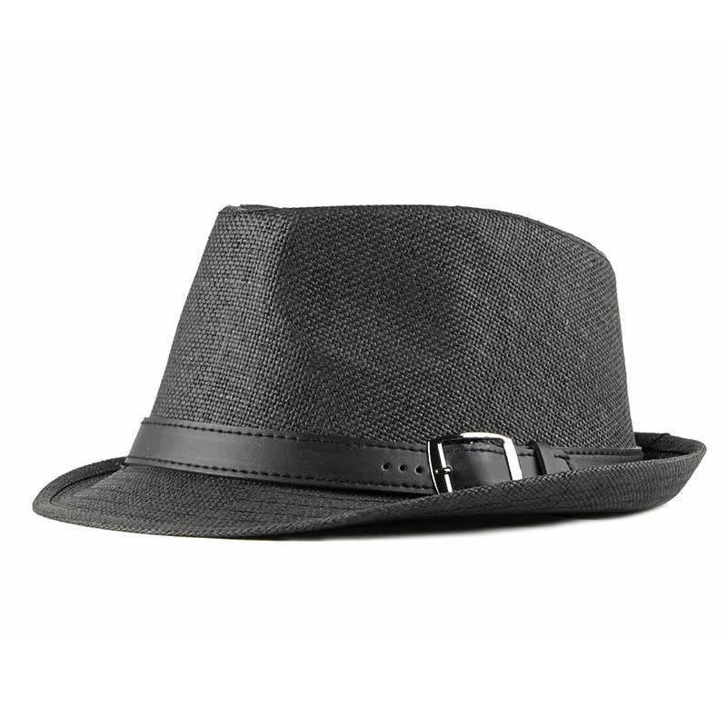 Men's Stylish Casual Leather Decor Straw Fedora Hat - Black - M (22"-22 7/8") - image 5